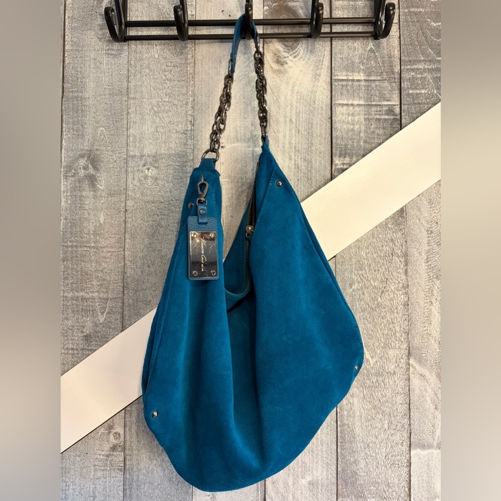 Kenneth Cole Teal Suede Hobo Bag with Chain Strap With Additional Leather Strap
